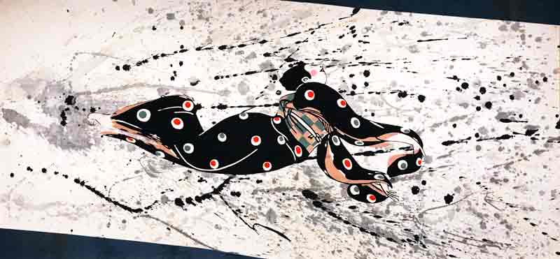 着物姿の女性と手彩色