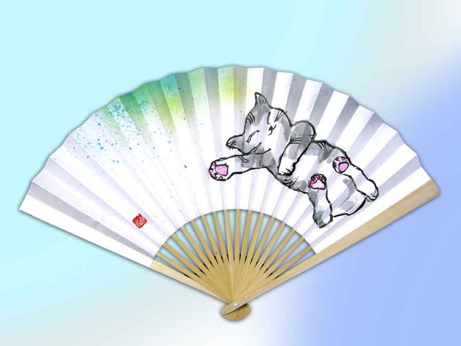 寝ている猫の扇子・猫道 cat napping japanese fan by michiya nakao