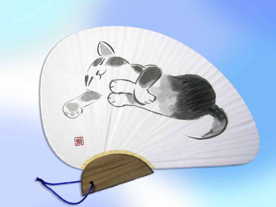 ニャンコのお昼寝千鳥杉柄うちわ　中尾道也