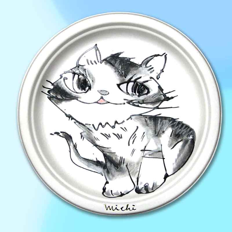 お茶目な顔の猫の絵皿 cat paper plate by michiya nakao