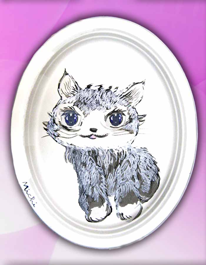 大きな目の可愛い猫の絵皿 cat paper plate by michiya nakao