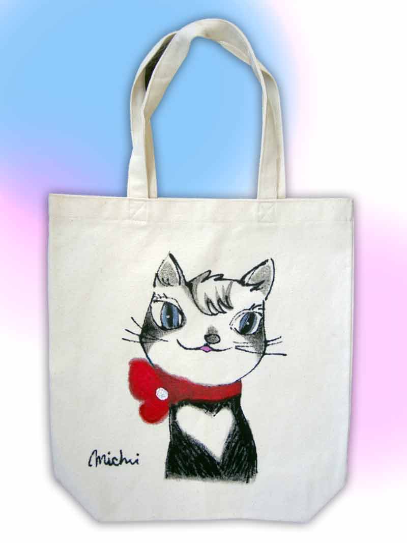猫のエコバッグ　赤いマフラ−を巻いたねこ-中尾道也