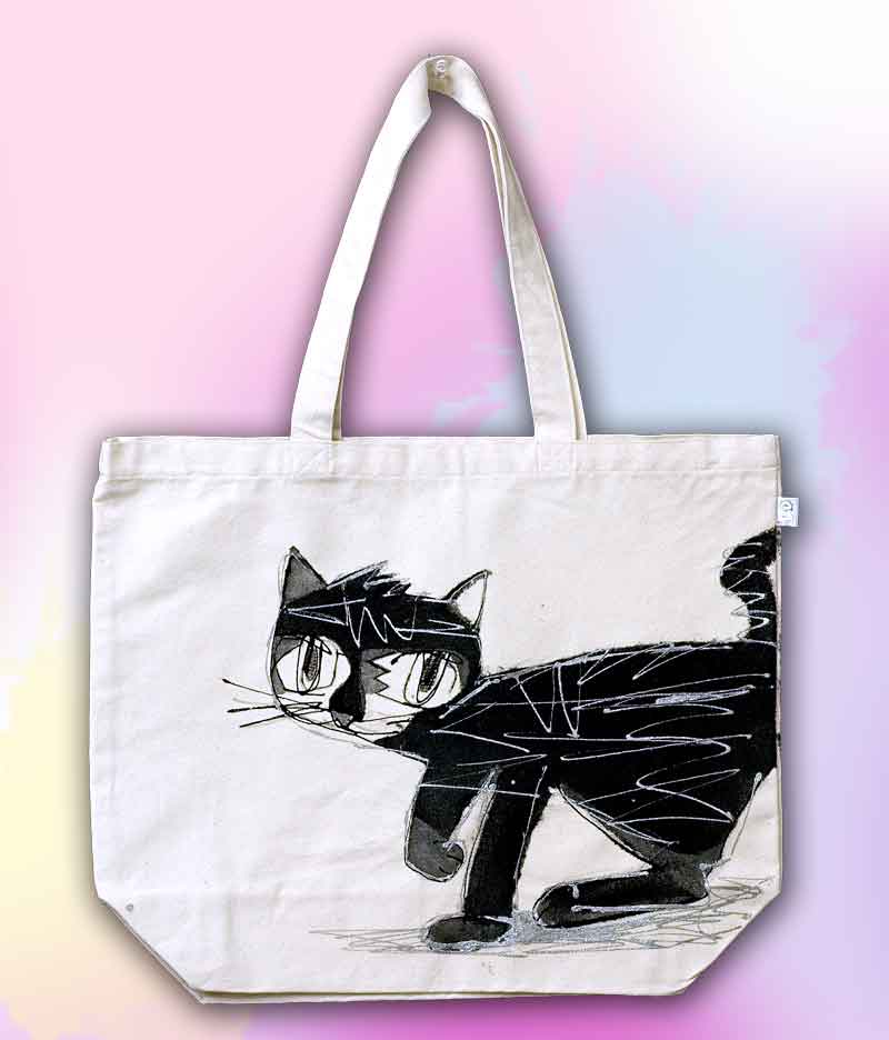 黒猫のシルバーラインのある猫のエコバッグ-中尾道也 