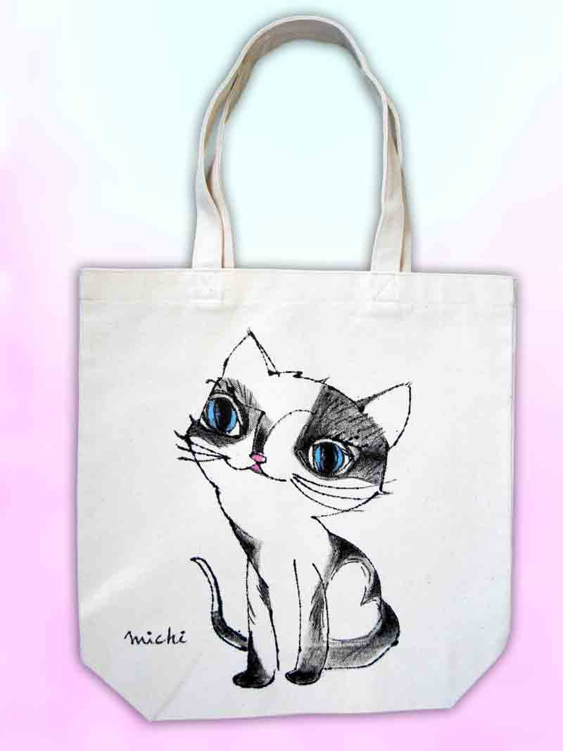 白黒の毛の猫のエコバッグ-中尾道也 猫道