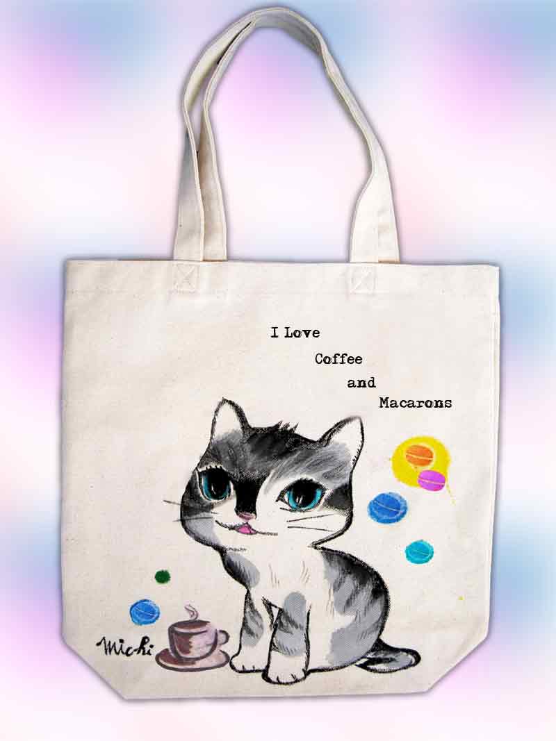 ねこのエコバッグ　マカロンのデコパージュ