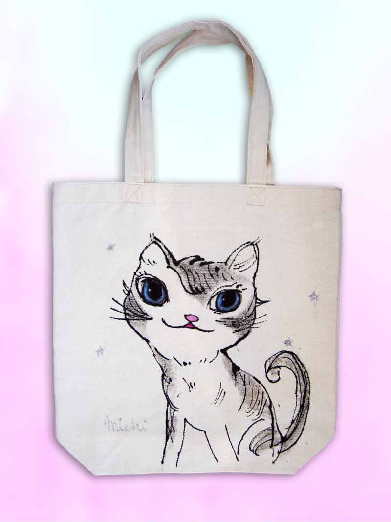 ねこのエコバッグ 星のラメが描かれているグレイの毛のニャンコ