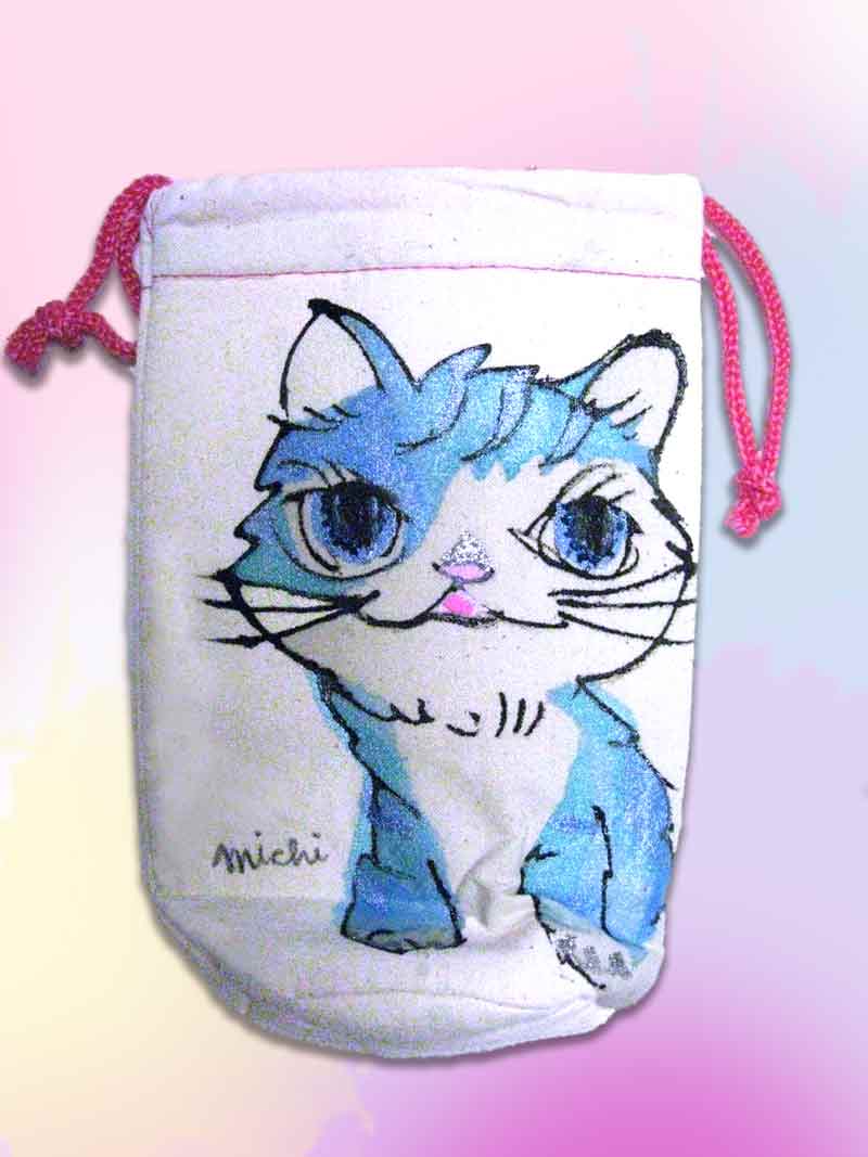 青色の猫の絵ペツトボトルケース　猫道